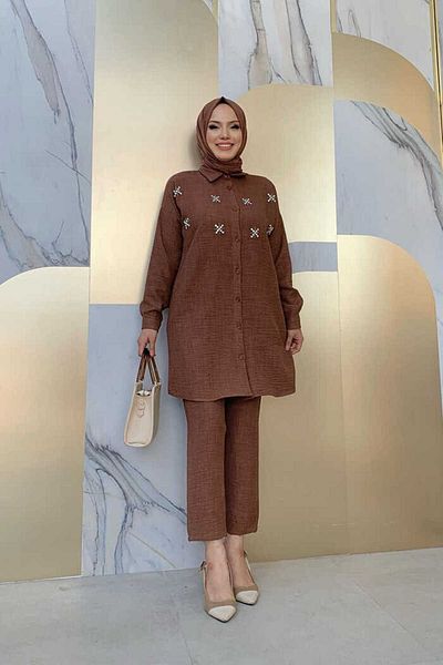 Bym Fashion Πέτρινο Κουμπωτό τουνίκ και Παντελόνι Διπλό Κοστούμι 8404 Καφέ