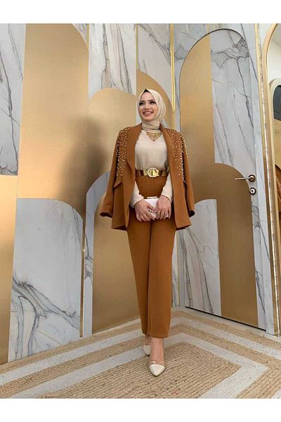Bym Fashion Pearl Detailed Jacket and Trousers Suit 8406 Tan