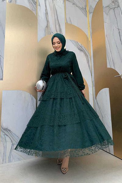 Bym Fashion Δαντελένιο πάτωμα Λεπτομέρεια μανίκια μανίκια ελαστικό φόρεμα με επένδυση 3614 Emerald