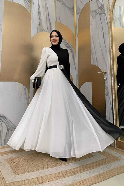 Bym Fashion Dvoubarevné večerní šaty z šifonu do pasu 3806 Černá