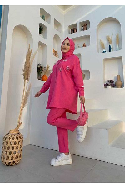 Bym Fashion Σετ Πέτρινο Τονίκ και Παντελόνι με κουμπιά 8403 Φούξια