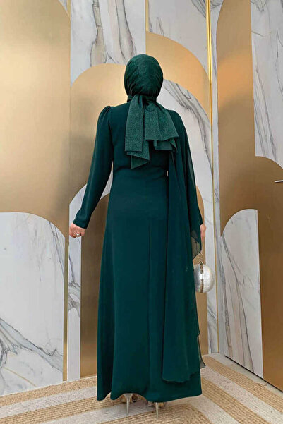 Bym Fashion Suknia wieczorowa z szyfonową peleryną i haftem na jednym rękawie 3796 Emerald