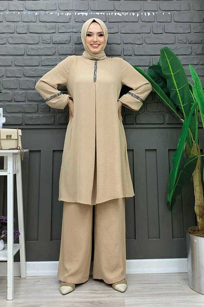 Bym Fashion Πέτρα Κέντημα Λεπτομερής τουνίκ Κοστούμι με Παντελόνι 8464 Πέτρα