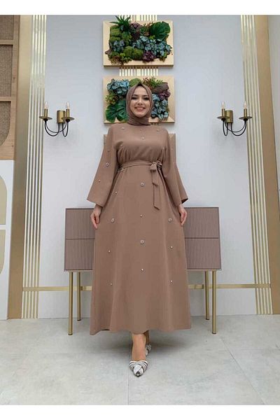 Bym Fashion Πέτρινο φόρεμα με λεπτή μέση ζώνη 3797 Mink