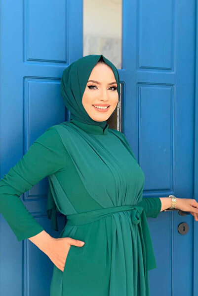 Bym Fashion Chiffon Cloak Detail Waist Belted Jumpsuit 3330 Emerald