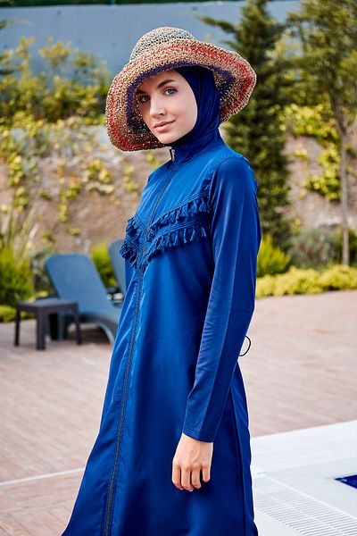 Marina Navy Blue Tasseled Parachute 3-Piece Long Fully Covered Hijab Swimsuit 1998