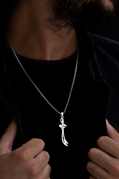 OSMANLI GÜMÜŞ Hz.ali Yazılı Zülfikar Erkek Gümüş Kolye Zincir Büyük Boy