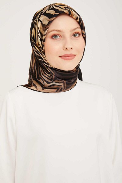 Armine Coffee Patterned Twill Silk Scarf 9038-01