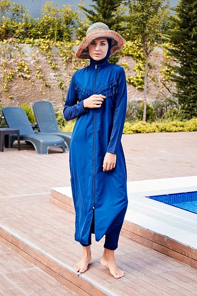 Marina Navy Blue Tasseled Parachute 3-Piece Long Fully Covered Hijab Swimsuit 1998