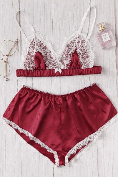 PEMBİŞ HOMEWEAR Rukka Bordo Datenlli Saten Şort Takımı