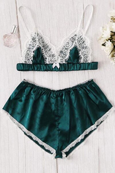 PEMBİŞ HOMEWEAR Rukka Haki Dantelli Saten Şort Takımı