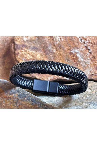 Farah Butik Men's Leather Bracelet Black Color Snap Buckle Braided Bracelet