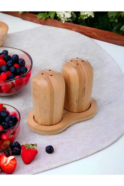 MİEN Set of 2 Bamboo Salt and Pepper Shakers with Bamboo Base