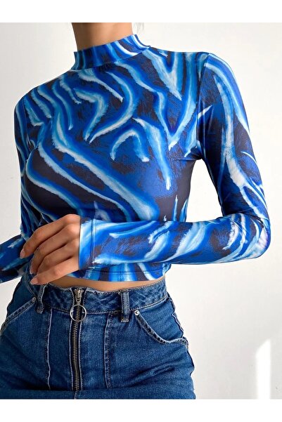 alenmoda Bluză crop cu model cu mânecă lungă cu guler înalt