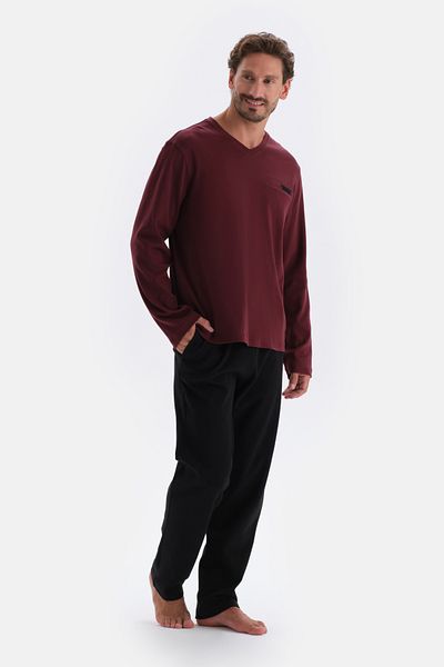 Dagi Set pijama tricotată cu mânecă lungă și decolteu în V roșu Claret