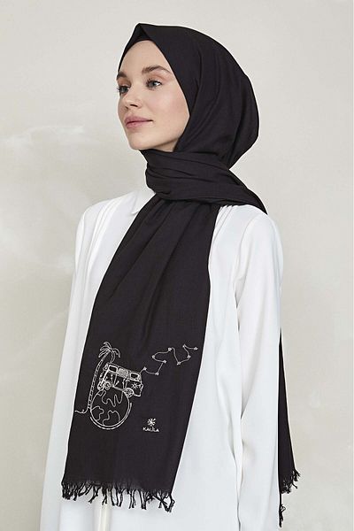 KALİLA Women's Dream Pesine Travel Black Embroidered Shawl