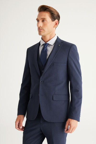 ALTINYILDIZ CLASSICS Erkek Koyu Lacivert Recycle Slim Fit Dar Kesim Mono Yaka Yelekli Kareli Takım Elbise