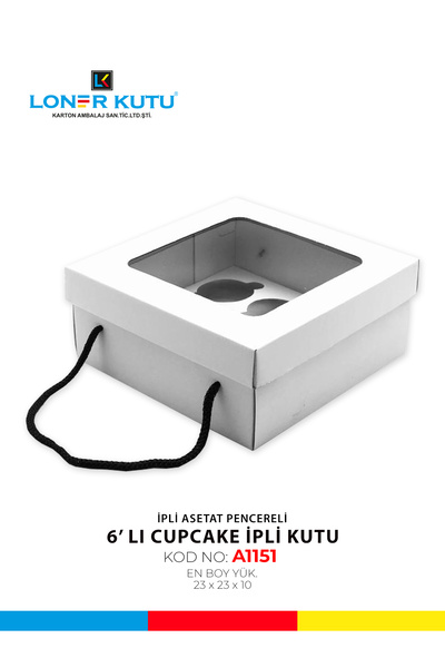 Loner Kutu 23x23x10 6'lı CupCake Pencereli Kapak İpli Kutu Hediyelik Kutu Karton Kutu Pasta Kutusu ( 10 Adet )