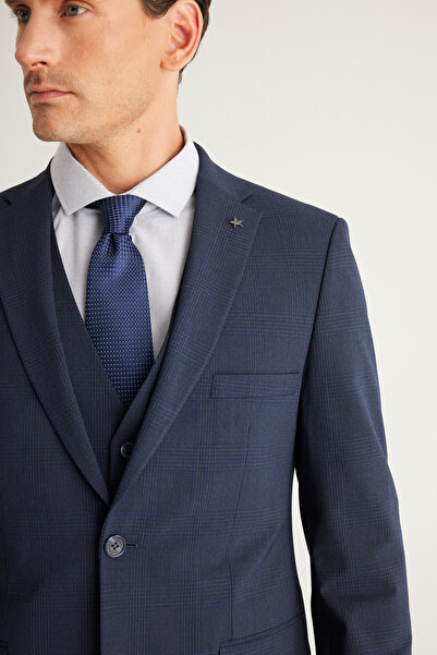 ALTINYILDIZ CLASSICS Erkek Koyu Lacivert Recycle Slim Fit Dar Kesim Mono Yaka Yelekli Kareli Takım Elbise