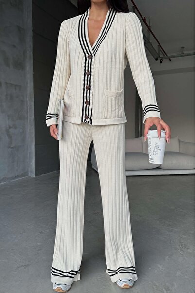 Eka Γυναικεία εκρού ριγέ Ζακέτα Πλεκτά Σετ 0999-23193