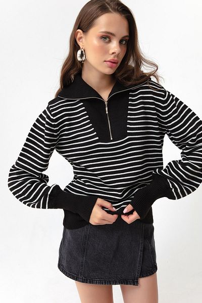Lafaba Women's Black Zipper Detailed Striped Knitwear Sweater