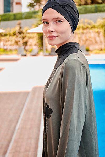 Marina Μαγιό Hijab 4 τεμαχίων με μοτίβο φύλλων χακί πλήρως καλυμμένο με φερμουάρ M2021