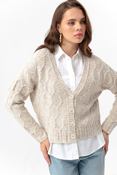 Lafaba Damski kardigan z dzianiny w kolorze beżowym, ze szczegółowymi zdobien...