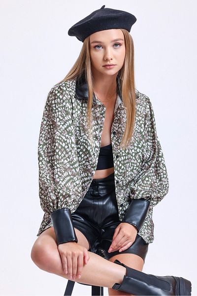 MD trend Women's Khaki Leather Detailed Balloon Sleeve Shoulder Gathered Oversize Satin Shirt