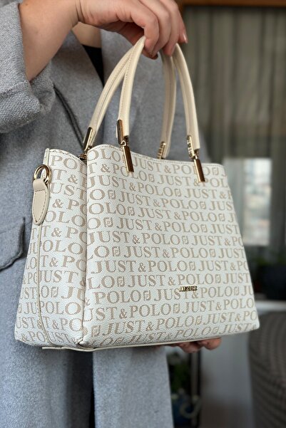 Just Polo حقيبة يد وكتف نسائية ذات 5 أقسام بلون كريمي شحن سريع منتج عالي الجو...