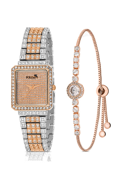 Polo Air Τετράγωνο Vintage γυναικείο ρολόι χειρός με πολλές πέτρες Βραχιόλι από πέτρα ζιργκόν Συνδυασμός ασημί-χάλκινο χρώμα