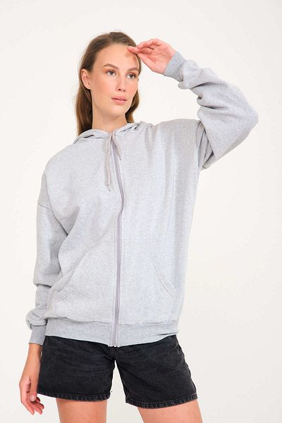 Harmandar Unprinted Unisex Gray Pocket Hooded Zipper Sweatshirt Cardigan