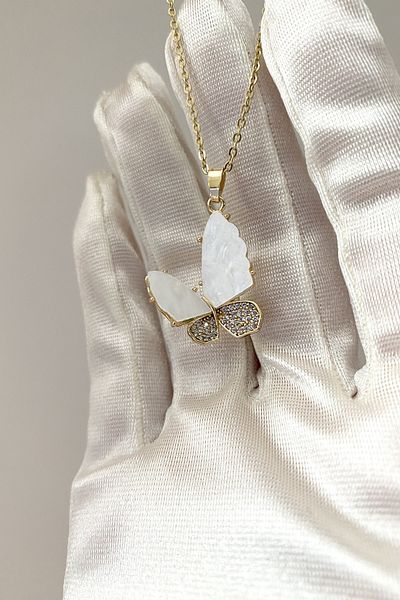 SilverStone Women's Pearlescent Jewelled Butterfly Gold Color Butterfly Steel Necklace