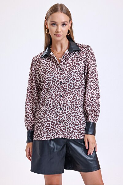 MD trend Női barna bőr részletes léggömb ujjú váll húzózsinór mintás oversize szatén ing