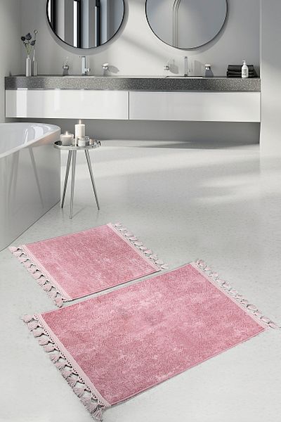 Bonny Home Nova Powder 60x100 + 50x60 cm Σετ 2 τεμαχίων με γωνιακό πομπόν με κρόσσια χαλί μπάνιου, αντιολισθητικό που πλένεται