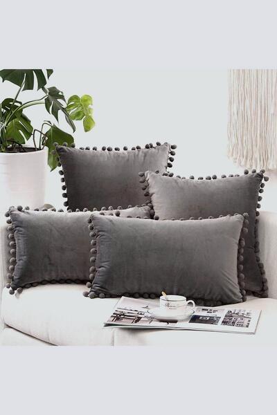 Bc Home 4 Adet Gri Minik Ponponlu Kırlent Kılıfı Kadife Görünümlü Düz, 2 Adet...