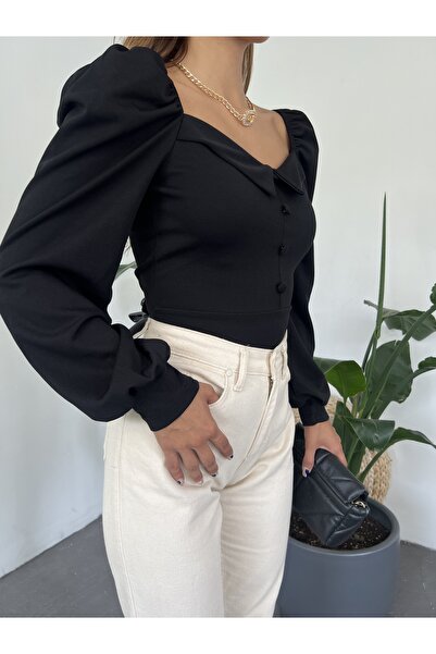 Fav Style Dámská balonová blůza s dlouhým rukávem Sweetheart Collar Button Detailed Crop Halenka černá