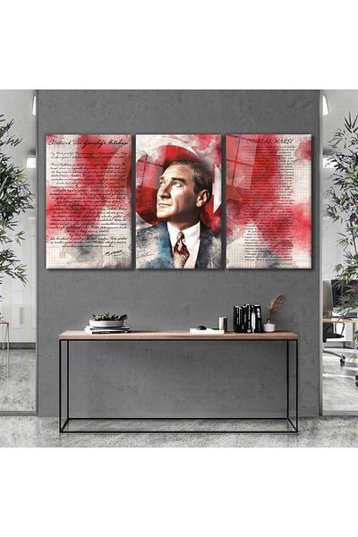 Rosyvien Ataturk, the Anthem of Independence and the Address to Youth 3 Piece Set Glass Painting, Home Office School Wall Durable Decor