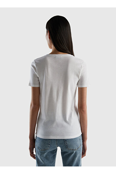 Benetton V-Neck Regular Fit Women's White T-Shirt - 3Ga2E4230