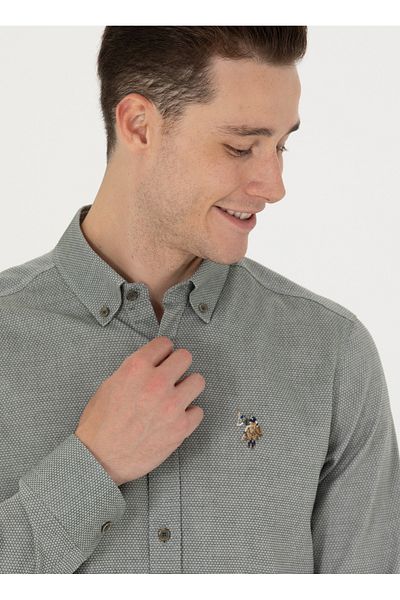 U.S. Polo Assn. ΒΑΣΗ. Polo Assn. Ανδρικό πουκάμισο με γιακά με λεπτή εφαρμογή σε σκούρο πράσινο χρώμα NOVAYA023K