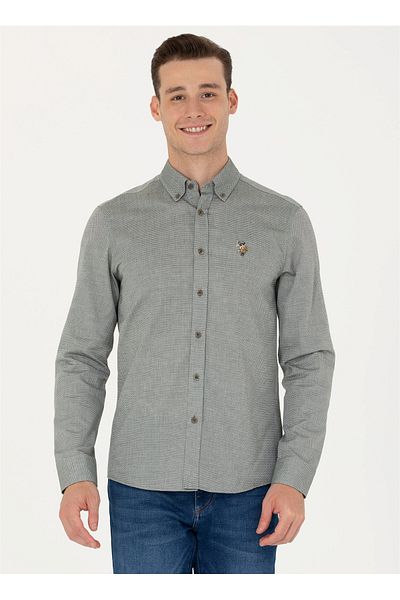 U.S. Polo Assn. ΒΑΣΗ. Polo Assn. Ανδρικό πουκάμισο με γιακά με λεπτή εφαρμογή σε σκούρο πράσινο χρώμα NOVAYA023K