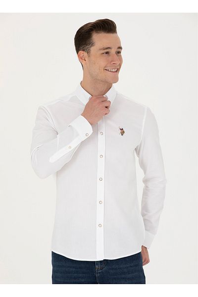 U.S. Polo Assn. ΒΑΣΗ. Polo Assn. Λευκό ανδρικό πουκάμισο με γιακά με λεπτή εφαρμογή NOVAYA023K
