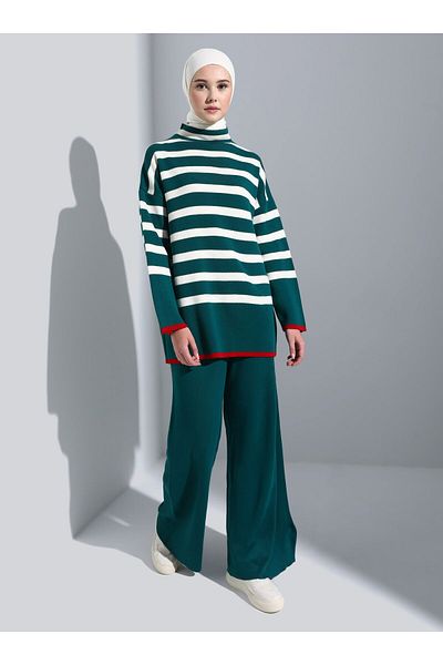 Benin Striped Stand Collar Knitwear Set - Emerald Green - Benin