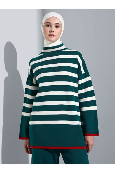 Benin Striped Stand Collar Knitwear Set - Emerald Green - Benin