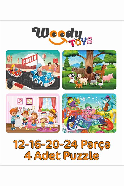 woody toys 12-16-20-24 Parça 4'lü Ahşap Puzzle Seti Araba Yarışı, Sevimli Hayvanlar, Deniz Canlıları, Evde Oyun