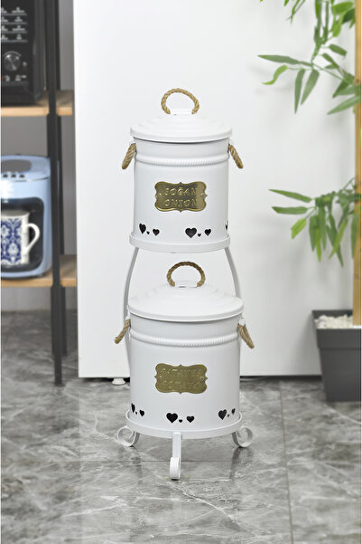 Yıldıray Metal Beyaz Ferforje Desenli 2 Katlı Patates Ve Soğan Kova Seti