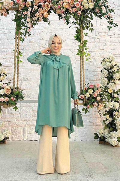 Bym Fashion Collar Detail Tailed Sleeve Cuffed Chiffon Tunic 2454 Mint
