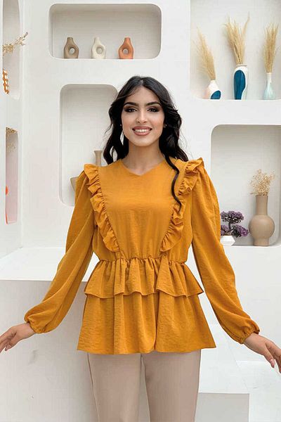 Bym Fashion Μπλούζα με βολάν με λεπτομέρεια ελαστική μέση όψη 5207 μουστάρδα
