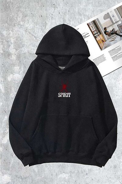 aynewmoda Spirit Printed Unisex Black Oversize Hooded Sweatshirt