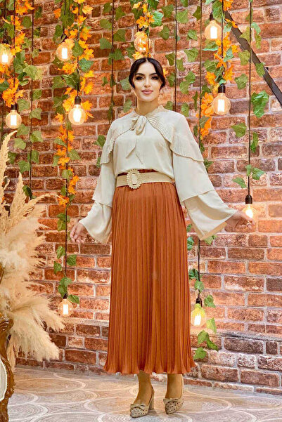 Bym Fashion Shoulder Ruffle Look Collar Tied Layered Sleeve Detail Blouse 5263 Stone