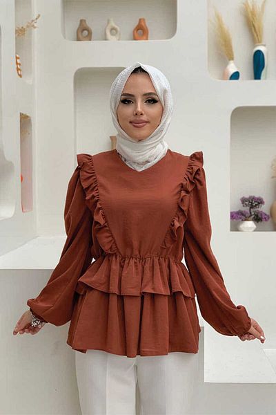 Bym Fashion Μπλούζα με βολάν με λεπτομέρεια ελαστική μέση όψη 5207 καφέ